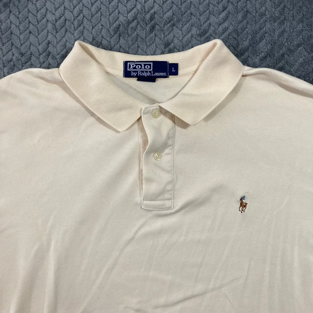 Polo Ralph Lauren Polo Shirt Mens L Classic Fit Cream Embroidered Logo Good